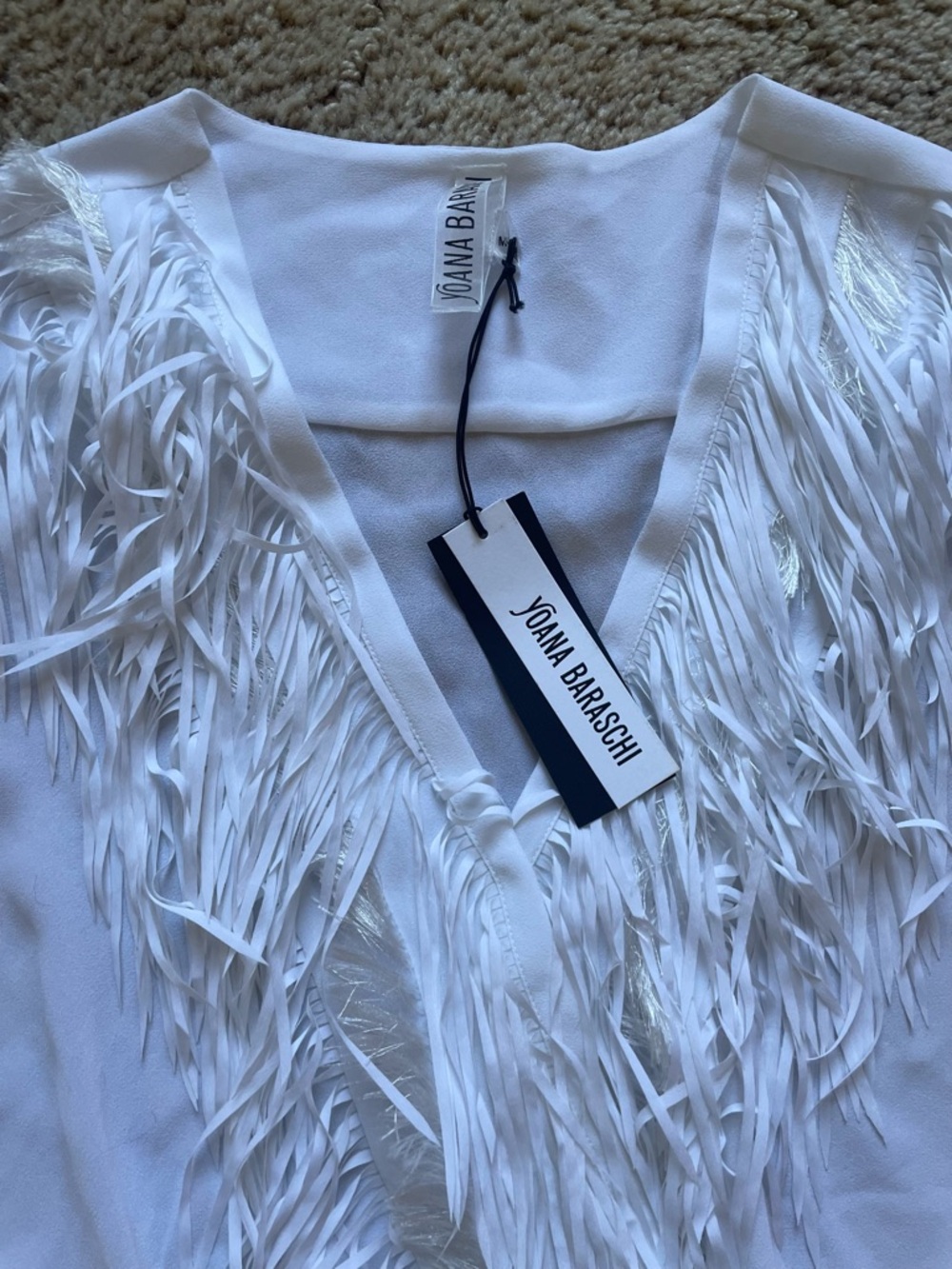 NWT Yoana Baraschi Women Size Medium Fringe Blouse White Feminine Flirty Summer